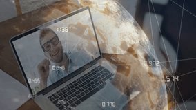 Remote coworker initiating call by typing on laptop rotating digital globe in business meeting. Technology, communication, collaboration, innovation, data, connection, workspace - Powered by Shutterstock - Get 15% off with code: PIKWIZARD15