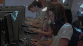 Female student typing in IT lab activating network overlay and globe forming connecting terminals. Technology, innovation, connectivity, digital, communication, education, futurism - Powered by Shutterstock - Get 15% off with code: PIKWIZARD15