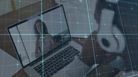 Man reaching for headphones and forming grid link listening to woman presenting business proposal. Collaboration, technology, digital, connectivity, office, professional, communication - Powered by Shutterstock - Get 15% off with code: PIKWIZARD15