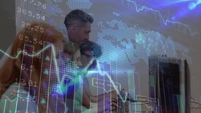Man pointing at spike, colleagues typing and adjusting data with translucent finance chart. Finance, teamwork, data analysis, collaboration, modern, technology, innovation - Powered by Shutterstock - Get 15% off with code: PIKWIZARD15