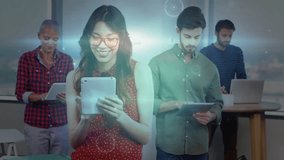 Four professionals tapping tablets in tech collaboration space, glows forming data-node network. Innovation, connectivity, teamwork, digital, modern, brainstorming, networking - Powered by Shutterstock - Get 15% off with code: PIKWIZARD15