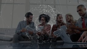 Tech team tapping devices as network sphere appearing rotating into question mark sparking teamwork. Collaboration, brainstorming, innovation, digital, connectivity, modern, workspace - Powered by Shutterstock - Get 15% off with code: PIKWIZARD15