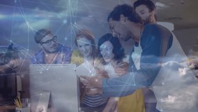 Team swiping tablet and pointing at screen, causing cloud computing overlay fading in for teamwork. Collaboration, technology, digital, innovation, teamwork, modern, connectivity - Powered by Shutterstock - Get 15% off with code: PIKWIZARD15