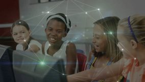 Girl in overalls typing after group smile to collaborate in lab with technology network overlay. Collaboration, technology, youth, education, connection, digital, teamwork - Powered by Shutterstock - Get 15% off with code: PIKWIZARD15