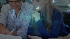 Colleagues noting tablet data with network overlay appearing and forming rotating globe analytics. Collaboration, technology, innovation, data, visualization, teamwork, futuristic - Powered by Shutterstock - Get 15% off with code: PIKWIZARD15