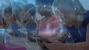 Students tapping and swiping tablets activating holographic globe and data streams in school. Technology, innovation, education, digital, collaboration, futuristic, learning - Powered by Shutterstock - Get 15% off with code: PIKWIZARD15