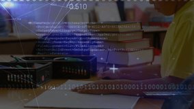 Boy at desk picking pencil and writing, sparking binary code and data streams for education. Education, technology, learning, digital, focus, innovation, classroom - Powered by Shutterstock - Get 15% off with code: PIKWIZARD15