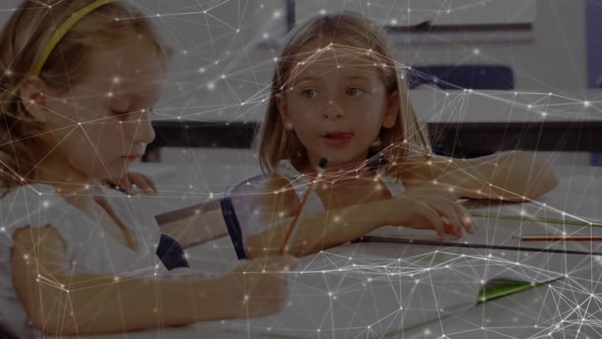 Right student raising hand and whispering for attention to left friend at worksheet in education. Collaboration, learning, education, communication, teamwork, concentration, study - Powered by Shutterstock - Get 15% off with code: PIKWIZARD15