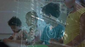 students drawing in classroom while holographic globe, charts fading in, boy glancing up smiling. Children, education, technology, classroom, learning, innovation, school - Powered by Shutterstock - Get 15% off with code: PIKWIZARD15