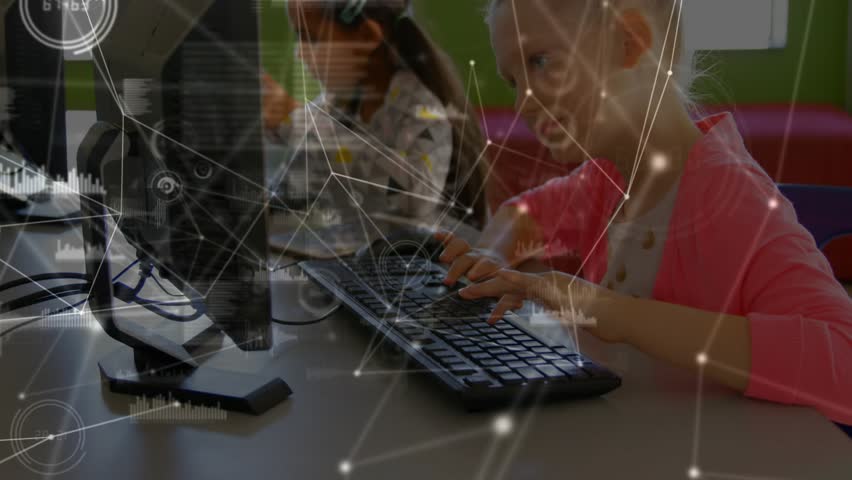 Girls typing code at school computers enabling network overlay pulsing with nodes, data charts. Children, education, digital, technology, collaboration, focus, innovation - Powered by Shutterstock - Get 15% off with code: PIKWIZARD15