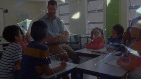 Teacher spinning globe in classroom, sparking lights evolving into digital network connecting world. Educator, learning, exploration, innovation, imagination, engagement, connectivity - Powered by Shutterstock - Get 15% off with code: PIKWIZARD15