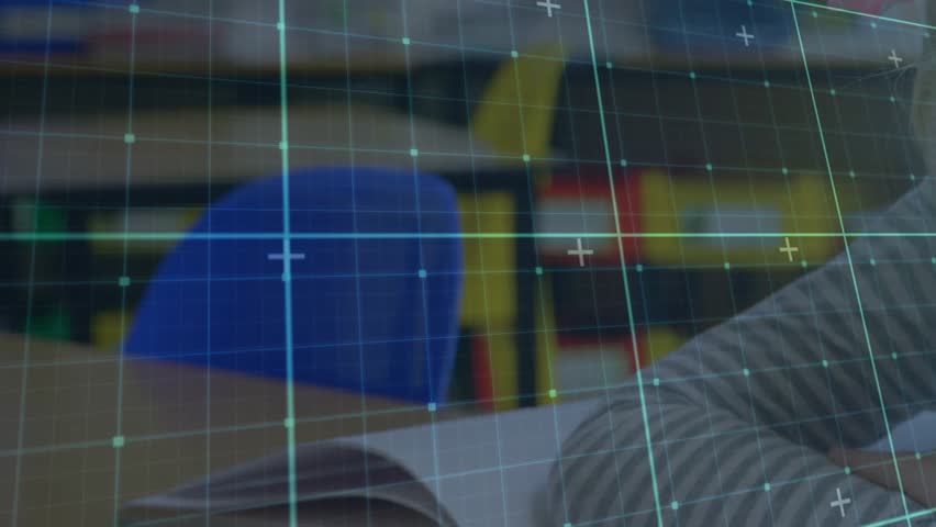 Grid overlay initiating scanning interface, school girl leaning forward reading book for education. Digital, educational, children, learning, study, interface, focus - Powered by Shutterstock - Get 15% off with code: PIKWIZARD15