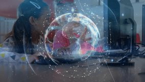 Student clicking mouse triggers globe overlay in classroom, peer examining phone and comparing. Technology, collaboration, education, innovation, youth, digital, communication - Powered by Shutterstock - Get 15% off with code: PIKWIZARD15