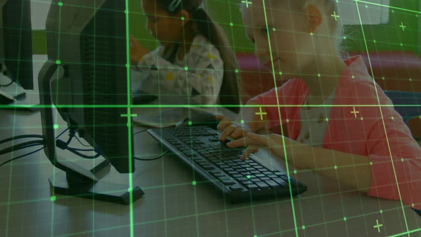 Student tapping keyboard animating code icons on screen while peer typing boosting tech learning. Children, education, technology, teamwork, learning, classroom, innovation - Powered by Shutterstock - Get 15% off with code: PIKWIZARD15