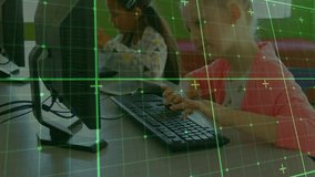 Student tapping keyboard animating code icons on screen while peer typing boosting tech learning. Children, education, technology, teamwork, learning, classroom, innovation - Powered by Shutterstock - Get 15% off with code: PIKWIZARD15