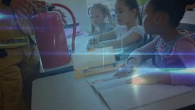 Firefighter pointing red extinguisher in classroom, students noting as user icons linking education. Safety, education, connection, technology, teamwork, awareness, instructional - Powered by Shutterstock - Get 15% off with code: PIKWIZARD15