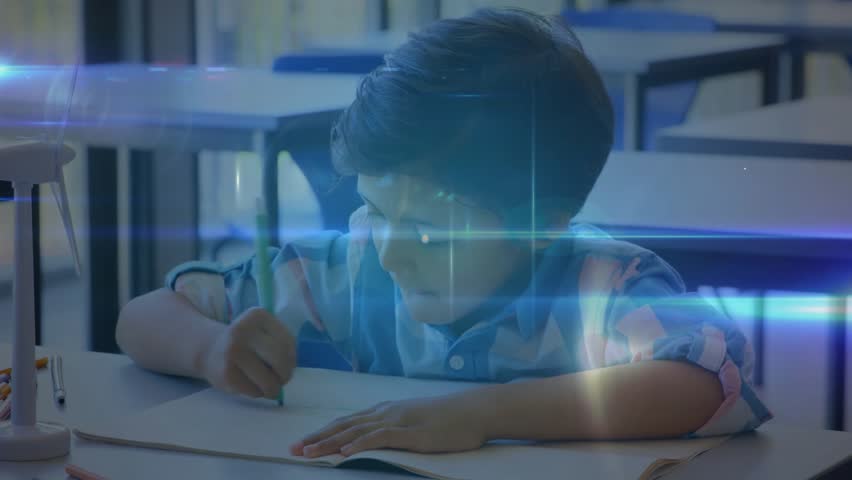 Boy writing notes in classroom activating node network and passing wind turbine model to girl. Innovation, collaboration, education, technology, future, teamwork, creativity - Powered by Shutterstock - Get 15% off with code: PIKWIZARD15