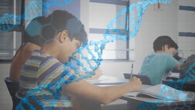 Camera panning revealing students writing genetics notes for DNA lesson with DNA helix drifting. Educational, learning, study, academic, focus, teamwork, modern - Powered by Shutterstock - Get 15% off with code: PIKWIZARD15