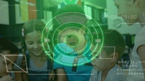 Elementary students tapping tablet with stylus, activating green holographic overlay for education. Children, collaboration, education, technology, learning, classroom, innovation - Powered by Shutterstock - Get 15% off with code: PIKWIZARD15