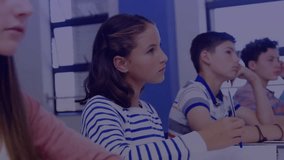 Children following teacher prompt and watching digital map overlay fading in enhancing learning. Students, education, technology, digital, classroom, collaboration, innovation - Powered by Shutterstock - Get 15% off with code: PIKWIZARD15