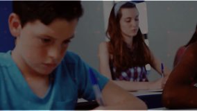 Teenage girl taking notes in class, initiating red globe scanning ring overlay visualizing timeline. Education, digital, technology, learning, innovation, data, youth - Powered by Shutterstock - Get 15% off with code: PIKWIZARD15