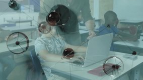 Network overlay pulsing initiating teacher guiding student typing on laptop in classroom. Education, collaboration, digital, innovation, learning, technology, classroom - Powered by Shutterstock - Get 15% off with code: PIKWIZARD15