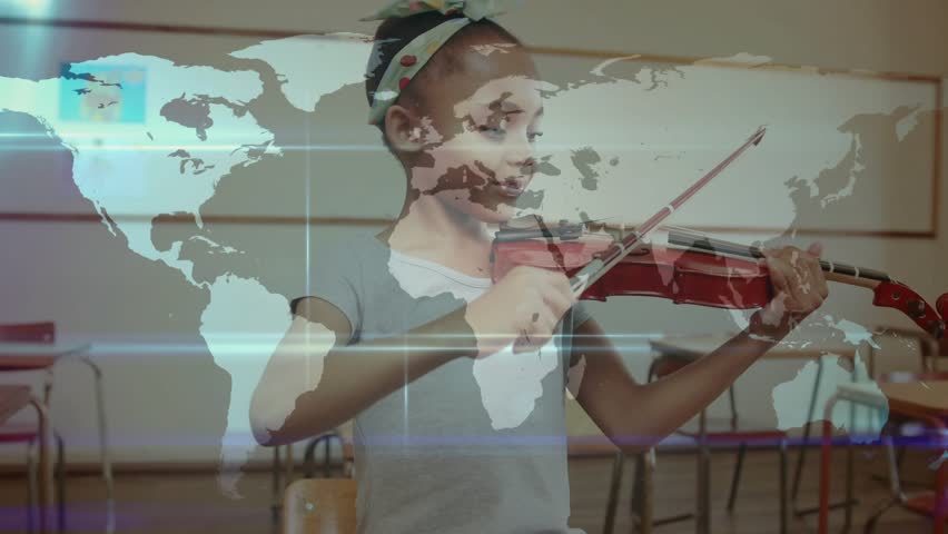 Student raising bow and playing violin in classroom while holographic map forming global network. Digital, connectivity, education, futuristic, innovation, youth, technology - Powered by Shutterstock - Get 15% off with code: PIKWIZARD15