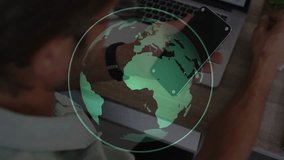 Mid adult man adjusting smartphone over laptop trackpad initiating tech globe rotating across areas. Technology, global, connectivity, workspace, innovation, digital, communication - Powered by Shutterstock - Get 15% off with code: PIKWIZARD15