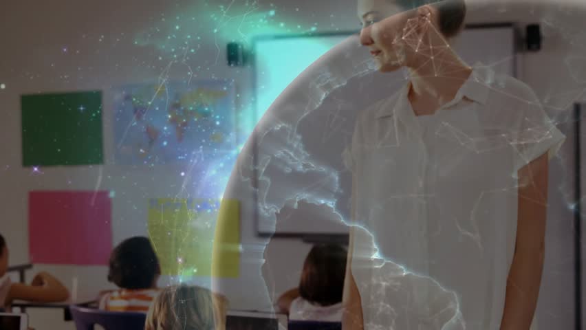 Digital globe materializing classroom as female teacher guiding students global network lesson. Education, e-learning, classroom, digital, technology, connection, innovation - Powered by Shutterstock - Get 15% off with code: PIKWIZARD15