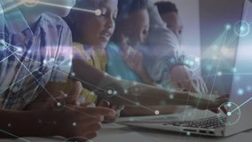 Teacher pointing at laptop and guiding children typing clicking with network overlay in edtech. Collaboration, education, digital, learning, interaction, technology, classroom - Powered by Shutterstock - Get 15% off with code: PIKWIZARD15