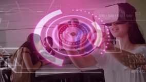 Teen girl wearing VR headset reaching into interface in cafe, navigating menus with pink rings. Technology, innovation, futurism, interaction, digital, urban, entertainment - Powered by Shutterstock - Get 15% off with code: PIKWIZARD15