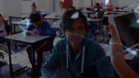 Teacher showing tablet while student tapping screen creating mesh spinning 3D globe for learning. Education, technology, innovation, digital, e-learning, interactive, futuristic - Powered by Shutterstock - Get 15% off with code: PIKWIZARD15