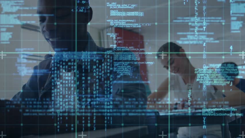 Translucent grid materializing over classroom as student writing on tablet accessing swirling code. Technology, innovation, education, digital, learning, futuristic, collaboration - Powered by Shutterstock - Get 15% off with code: PIKWIZARD15