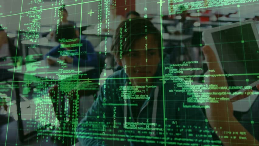 Unseen user raising white tablet in classroom aligning green code overlay scanning student face. Technology, e-learning, digital, innovation, education, futurism, classroom - Powered by Shutterstock - Get 15% off with code: PIKWIZARD15