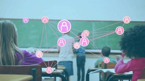 Teacher calling student, guiding writing on chalkboard, revealing pink purple network overlay. Education, learning, classroom, collaboration, mentorship, digital connectivity, student engagement - Powered by Shutterstock - Get 15% off with code: PIKWIZARD15