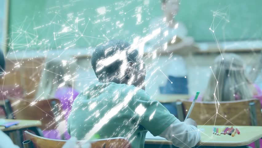 Boy writing in classroom causing glowing network lines forming shield lock showing data security. Education, e-learning, digital, cybersecurity, innovation, teamwork, learning