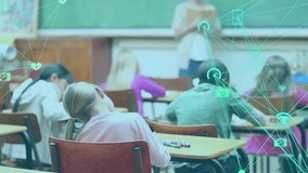 Teacher pausing, asking question at chalkboard, students raising hands to answer amid network icons. Classmates, education, classroom, digital learning, collaboration, teamwork, knowledge - Powered by Shutterstock - Get 15% off with code: PIKWIZARD15