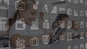 Teacher tapping tablet launching learning module and causing finance icons pulsing over classroom. Education, e-learning, digital, classroom, technology, innovation, youth - Powered by Shutterstock - Get 15% off with code: PIKWIZARD15