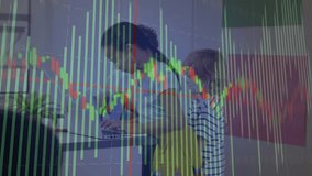 Child opening laptop initiating candlestick chart overlay while studying market data at raised desk. Kids, work desk, digital learning, modern interior, educational environment, youthful activity, - Powered by Shutterstock - Get 15% off with code: PIKWIZARD15