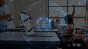 Teacher tapping tablet and summoning globe hologram in class for lesson as students raising hands. Educational, modern, immersive, learning, interactive, digital, classroom - Powered by Shutterstock - Get 15% off with code: PIKWIZARD15