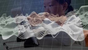 Elementary student lifting stylus drawing on tablet with animated waveform tracking study progress. Digital art, creativity, innovation, education, technology, youthful, vibrant - Powered by Shutterstock - Get 15% off with code: PIKWIZARD15