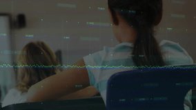 Student raising hand asking question in class while teacher gesturing at board and globe pulsing. Education, digital, innovation, instruction, learning, classroom, technology - Powered by Shutterstock - Get 15% off with code: PIKWIZARD15