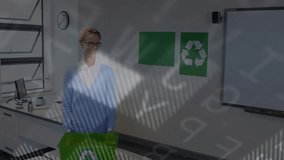 Instructor picking bottle guiding kids into sorting bottles into green recycling bin in classroom. Educational, sustainability, eco-friendly, teaching, community, environmental, animated - Powered by Shutterstock - Get 15% off with code: PIKWIZARD15