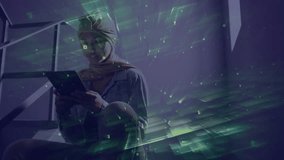 Woman tapping tablet screen on metal stairs generating green grid overlay analyzing tech trends. Futuristic, technology, innovation, digital, mobile, data visualization, modern - Powered by Shutterstock - Get 15% off with code: PIKWIZARD15