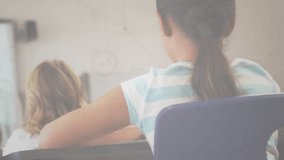 Classroom teacher picking marker and gesturing, network lines forming around pupils raising hand. Education, collaboration, innovation, digital, learning, communication, mentorship - Powered by Shutterstock - Get 15% off with code: PIKWIZARD15