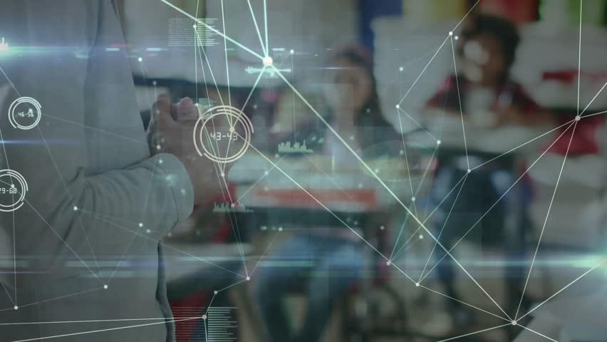 Teacher tapping tablet and pointing at binders while holographic data lines forming network. Education, e-learning, digital, innovation, technology, connectivity, classroom - Powered by Shutterstock - Get 15% off with code: PIKWIZARD15