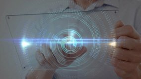 Man holding transparent tablet, raising finger, intensifying beam and reshaping holographic data. Technology, innovation, futuristic, data visualization, user interface, digital, science - Powered by Shutterstock - Get 15% off with code: PIKWIZARD15