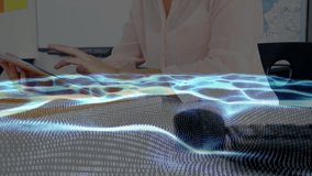 Woman lifting tablet from desk and swiping screen amid wave hologram and reviewing technology data. Futuristic, innovation, digital, technology, collaboration, professional, sleek - Powered by Shutterstock - Get 15% off with code: PIKWIZARD15