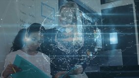 Teacher pointing teal workbook and guiding student writing under holographic globe in classroom. Education, mentorship, technology, innovation, collaboration, digital, learning - Powered by Shutterstock - Get 15% off with code: PIKWIZARD15