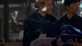 Chefs conferring in kitchen as network lines drifting forming globe, colleague joining tablet. Collaboration, innovation, technology, teamwork, modern, professionalism, digital - Powered by Shutterstock - Get 15% off with code: PIKWIZARD15